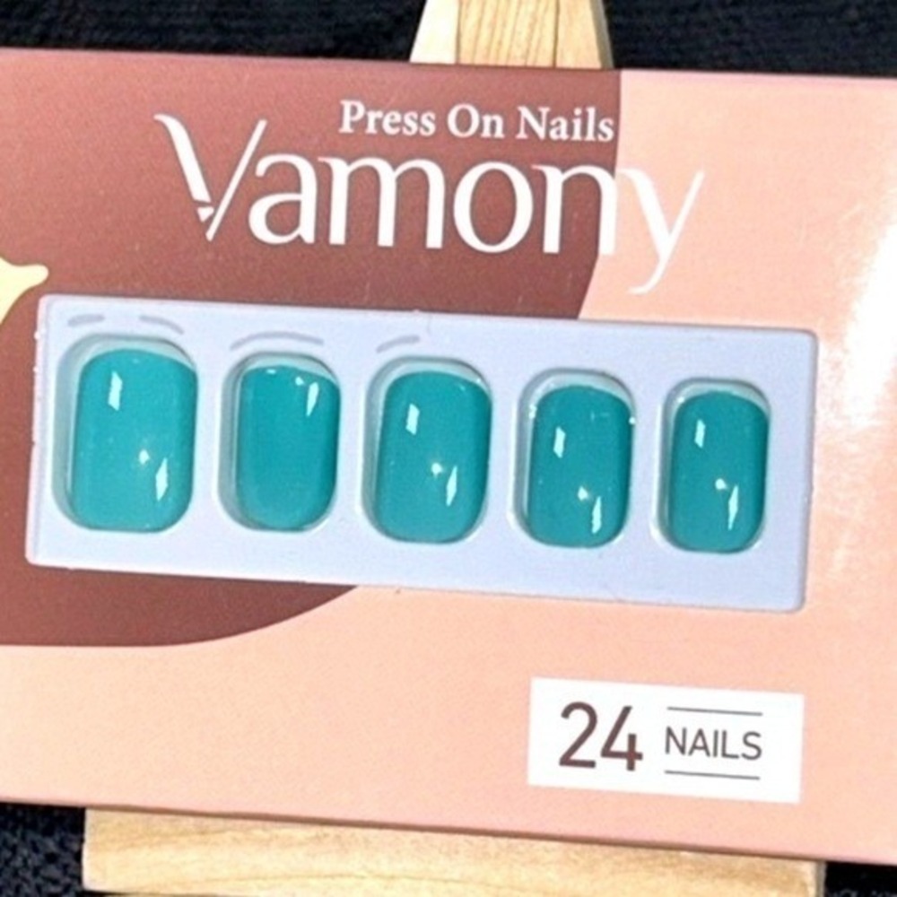 Vamony Deep Teal Green PressOn Short Glossy Solid Color Nails 24pcs